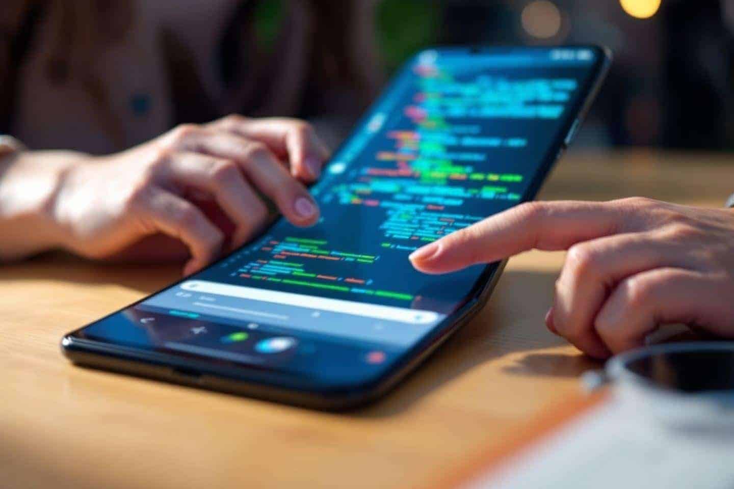 Mains sur écran de mobile avec graphiques et données