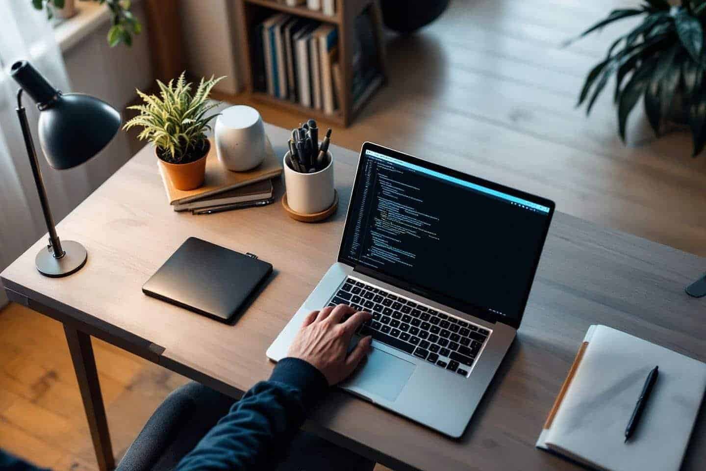 Espace de travail moderne avec ordinateur portable et code à l'écran