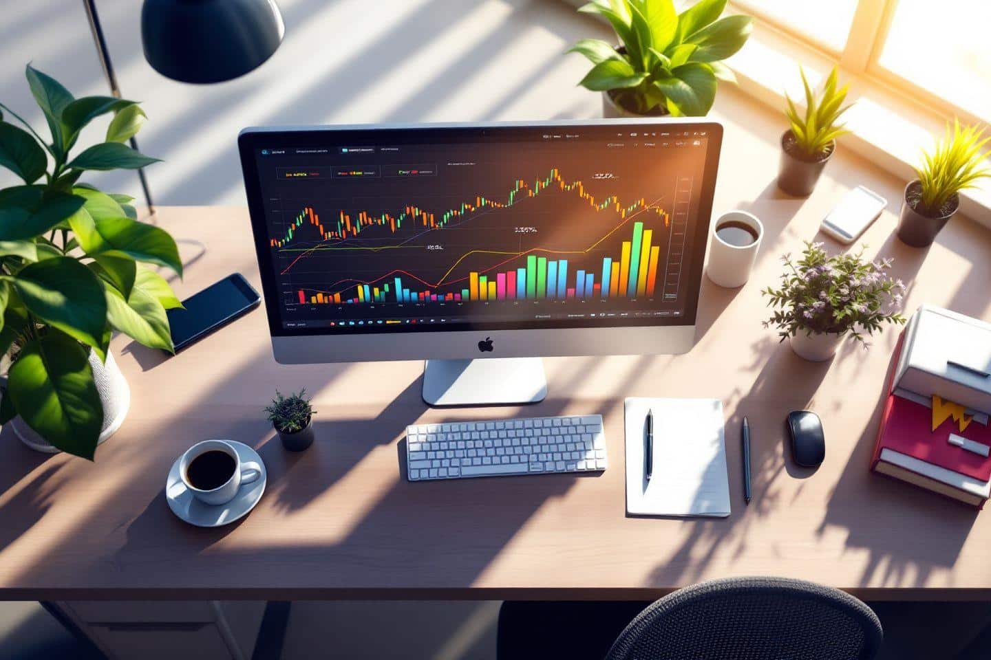 Écran iMac montrant des graphiques boursiers sur un bureau élégant