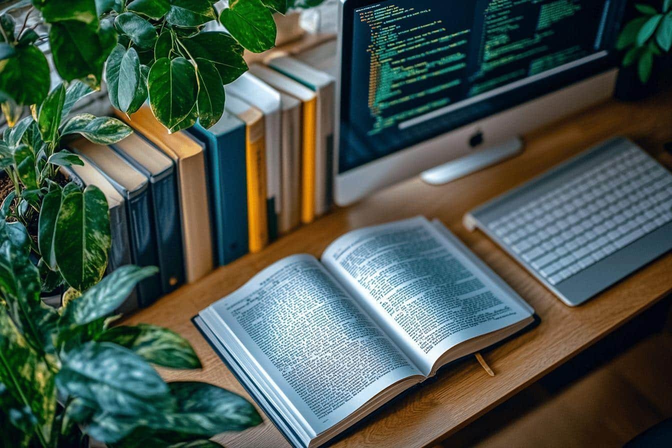 Livre ouvert, ordinateur, plantes vertes sur un bureau en bois