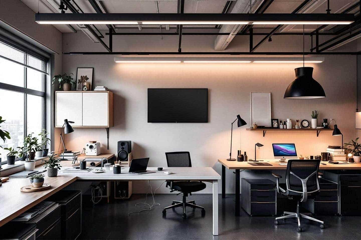 Espace de travail contemporain avec mobilier noir et bois