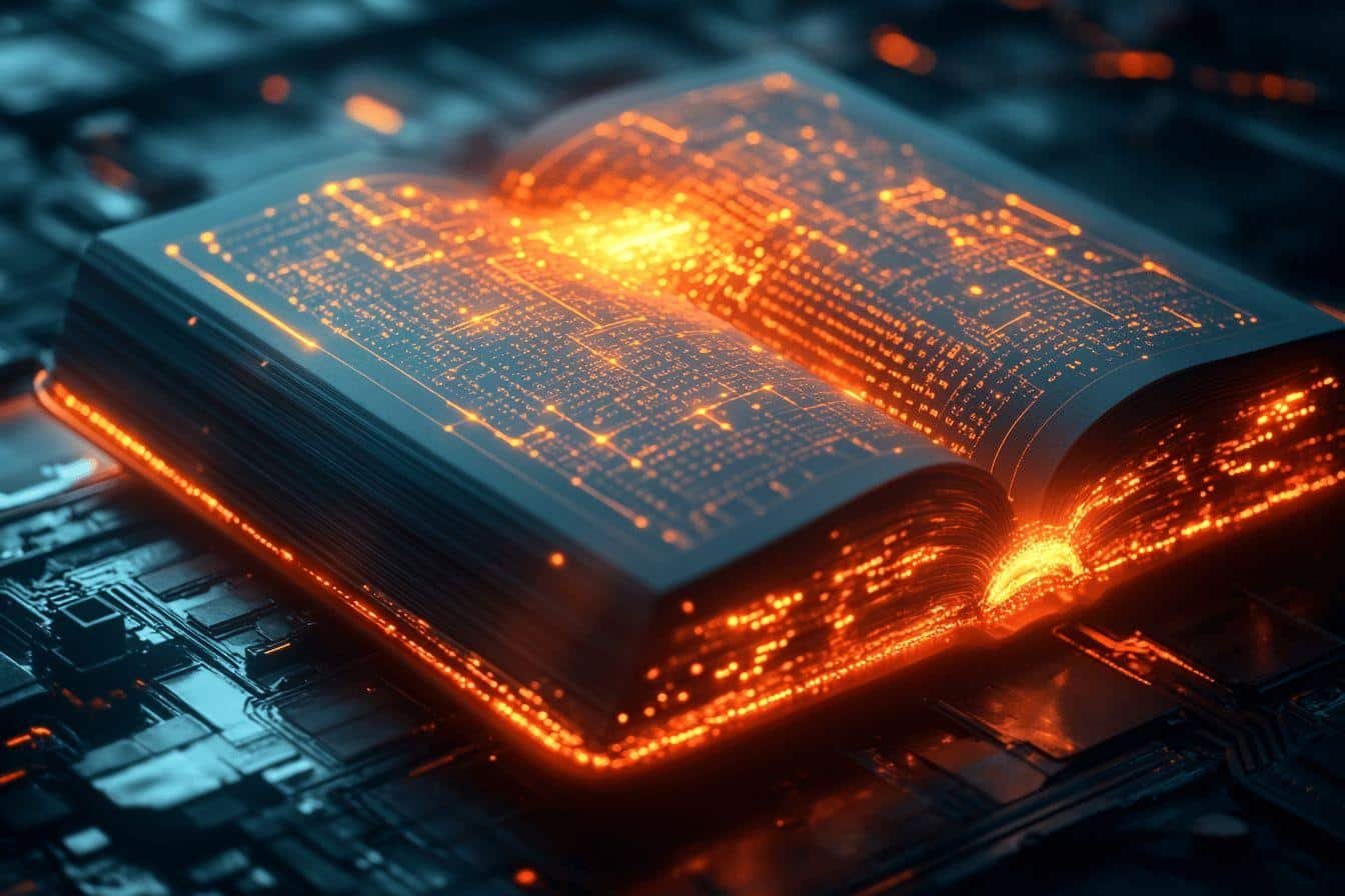 Puce informatique avec circuits lumineux orange et bleu