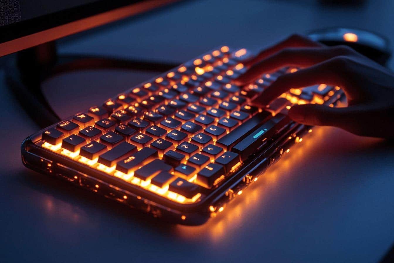 Clavier d'ordinateur illuminé par une lueur chaude orange et ambrée