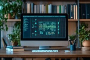Ordinateur de bureau avec interface numérique et plantes vertes