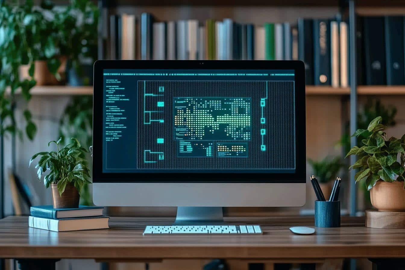 Ordinateur de bureau avec interface numérique et plantes vertes