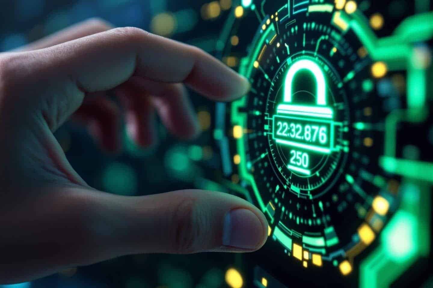 Écran holographique vert avec cadenas et données cryptées