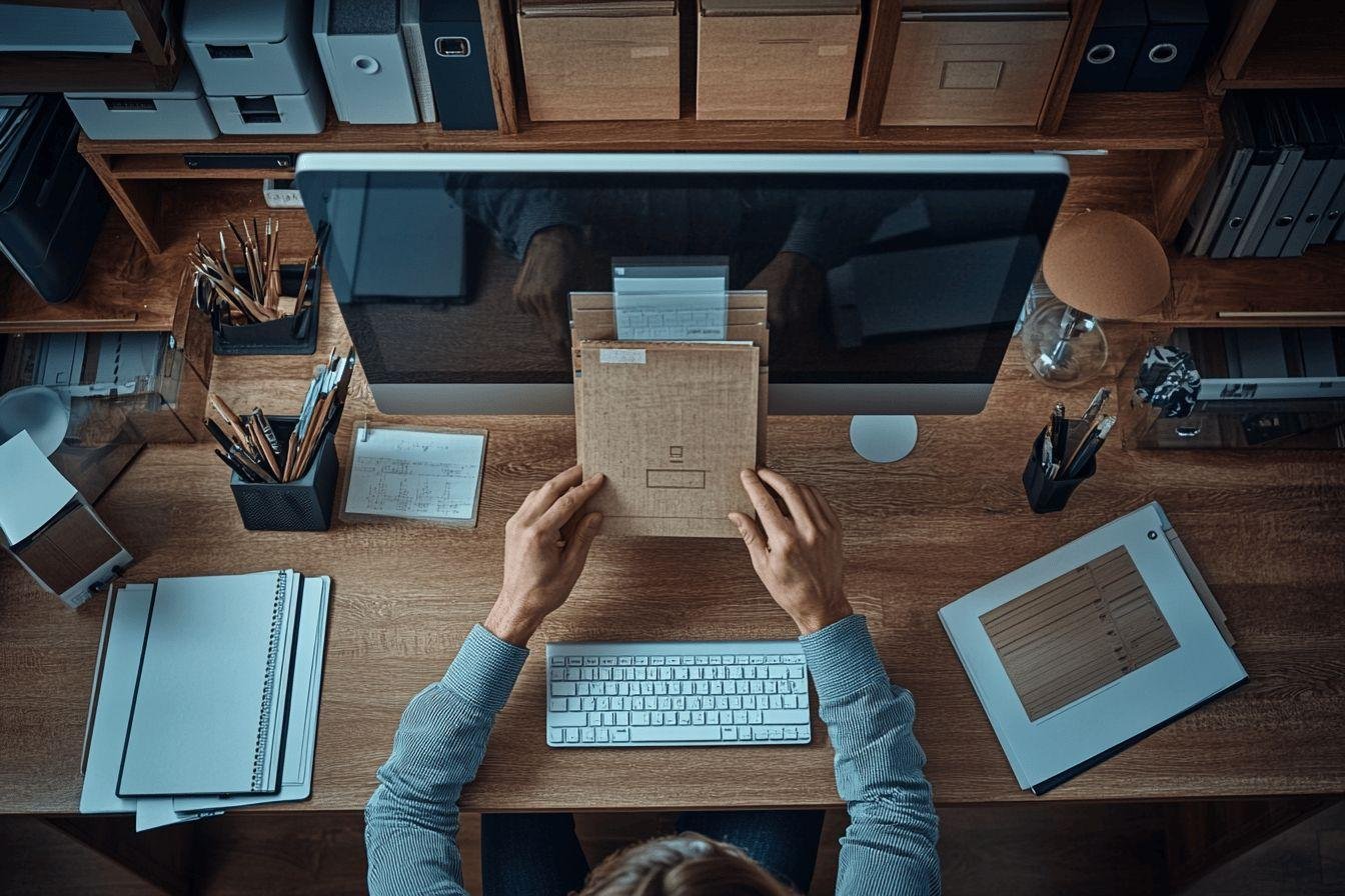 Bureau avec ordinateur, cahiers, pinceaux et mains travaillant