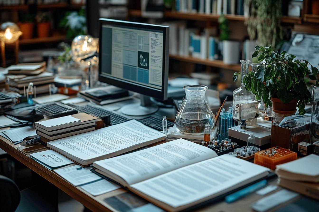 Bureau studieux : ordinateur, livres et verrerie de labo