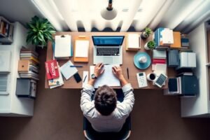 Bureau avec ordinateur, livres, plantes et une personne concentrée