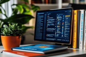 Tablette Huawei, livres et plante verte sur un bureau blanc