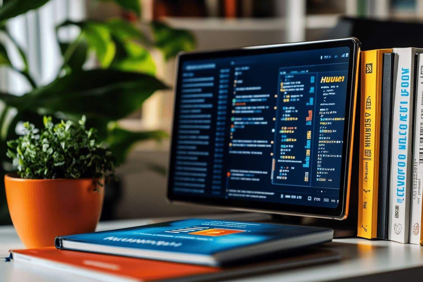 Tablette Huawei, livres et plante verte sur un bureau blanc