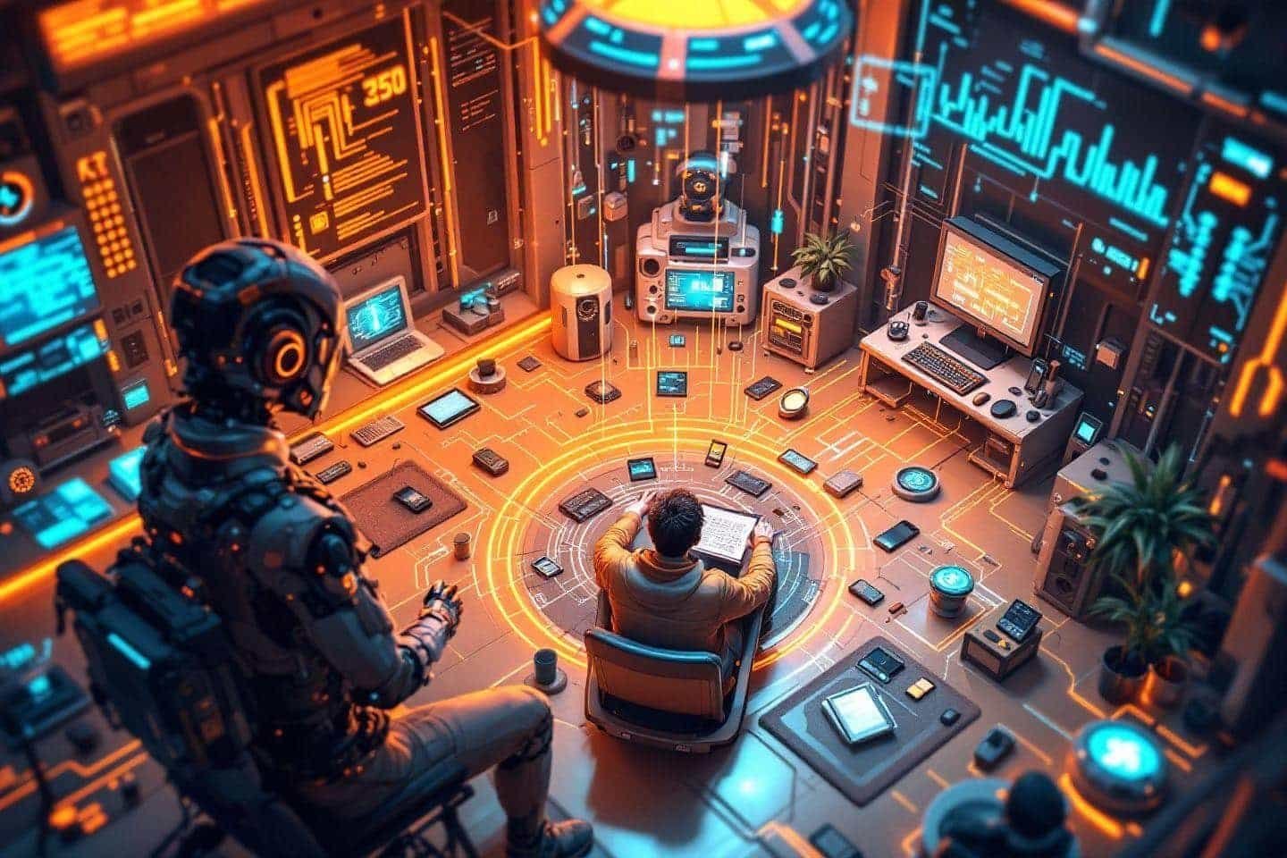 Espace de travail high-tech avec robot et opérateur central