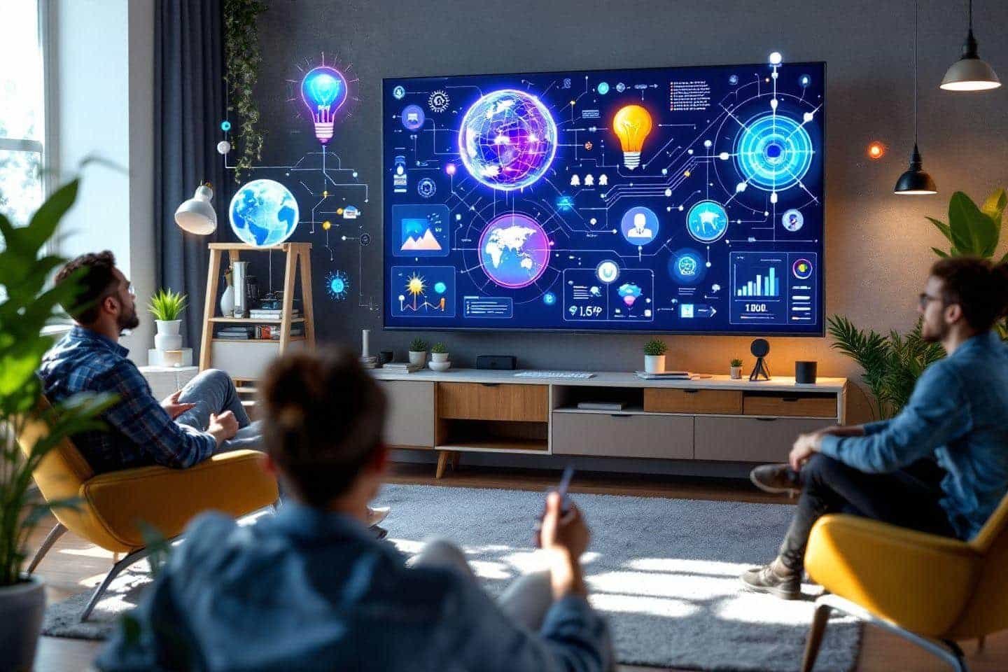 Écran interactif avec graphiques technologiques et personnes assises