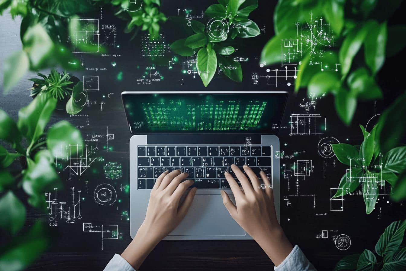 Mains tapant sur un ordinateur portable entouré de feuilles vertes