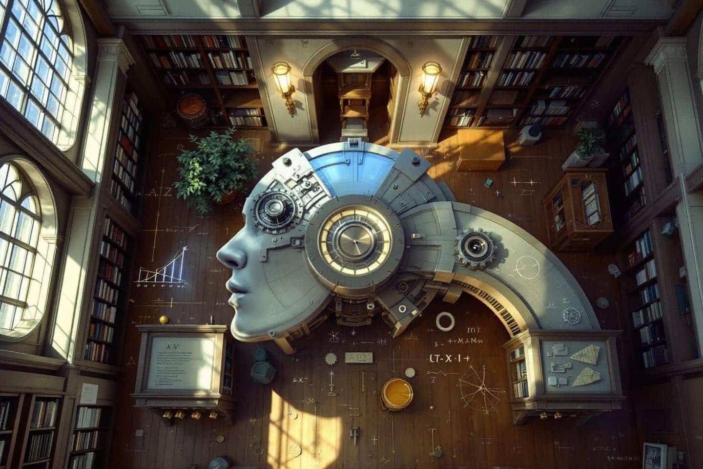 Tête robotique surréaliste dans une bibliothèque avec des formules mathématiques