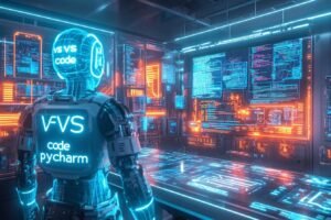Robot cybernétique dans un centre de données technologique bleu-orange