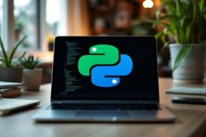Écran d'ordinateur affichant le logo Python vert et bleu