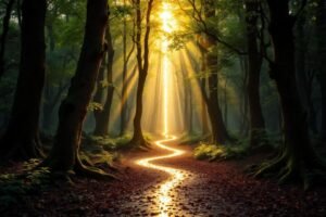 Sentier sinueux illuminé par des rayons dorés dans une forêt verte