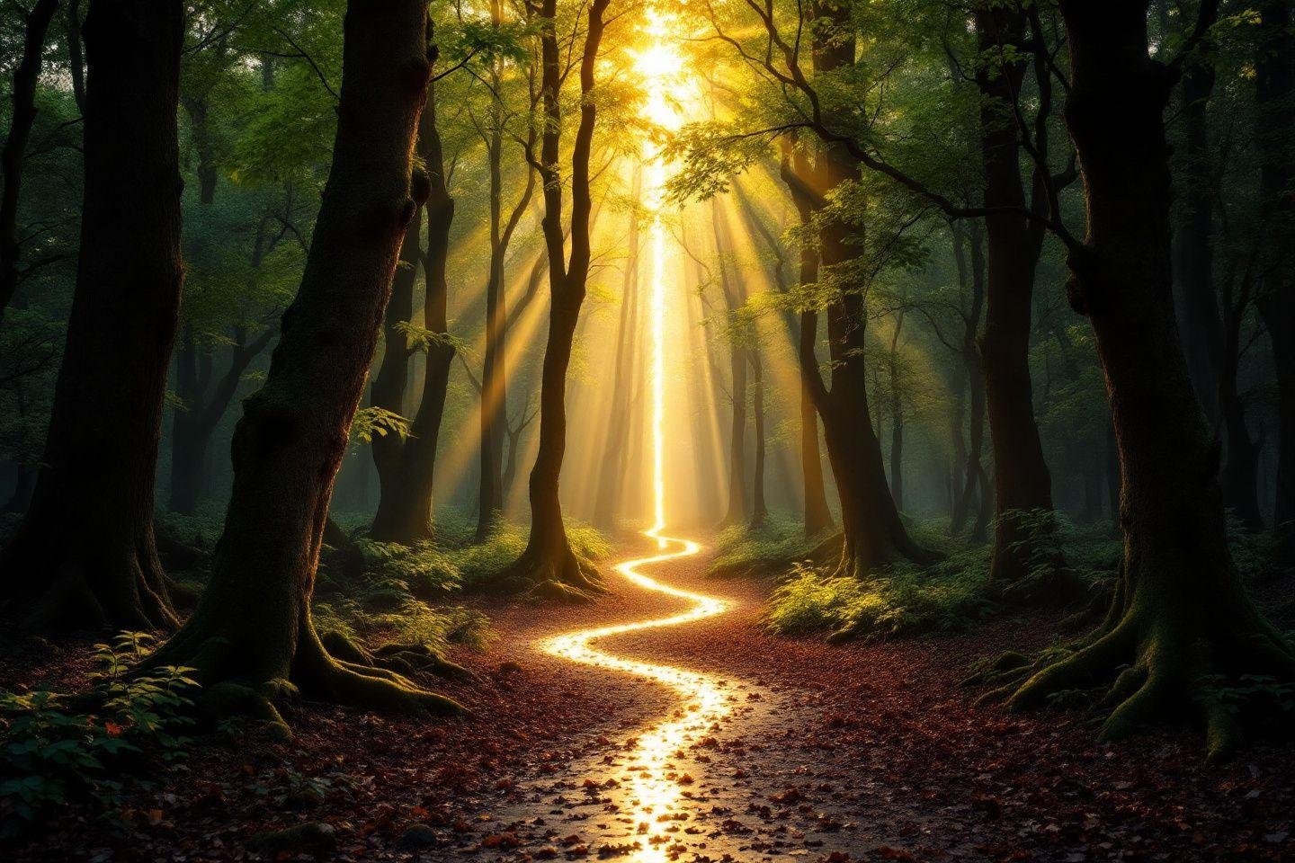 Sentier sinueux illuminé par des rayons dorés dans une forêt verte