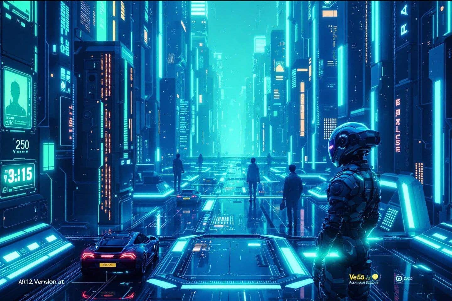 Ville futuriste high-tech avec robots et voitures néon