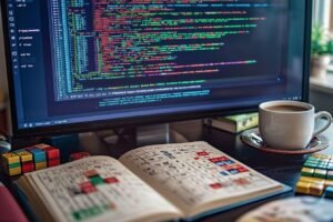 Écran de code, livre ouvert, tasse de café et cubes colorés