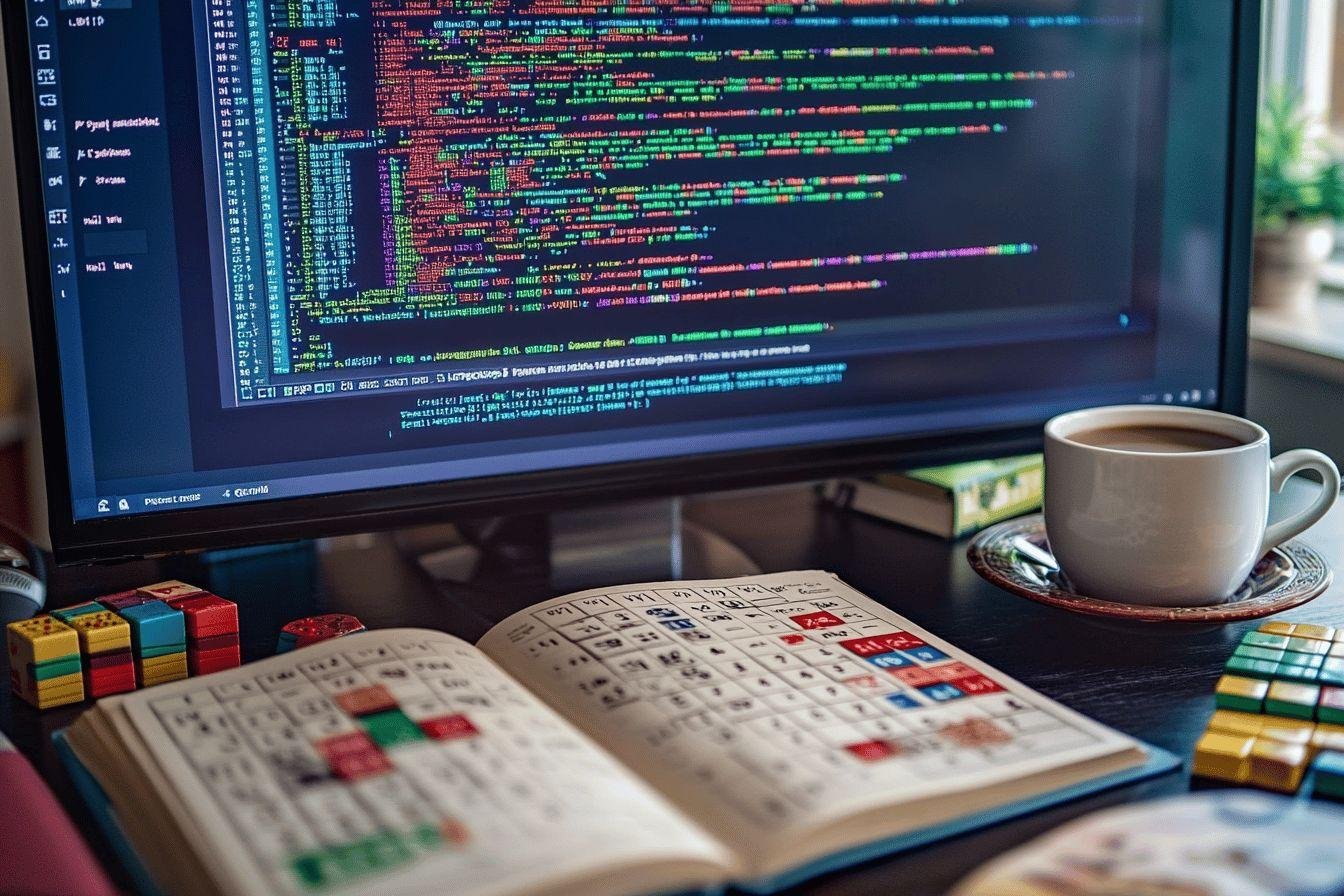 Écran de code, livre ouvert, tasse de café et cubes colorés