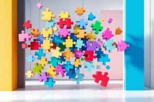 Pièces de puzzle multicolores flottant dans un espace lumineux