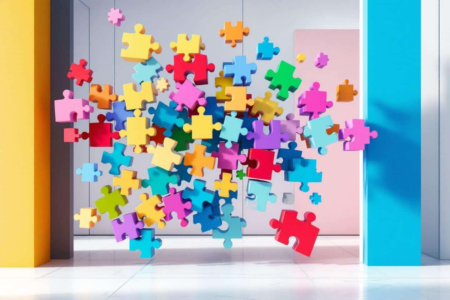 Pièces de puzzle multicolores flottant dans un espace lumineux