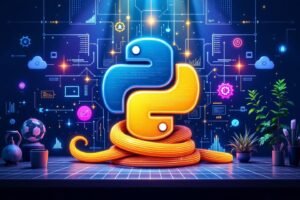 Logo Python stylisé sur fond de circuit électronique bleu