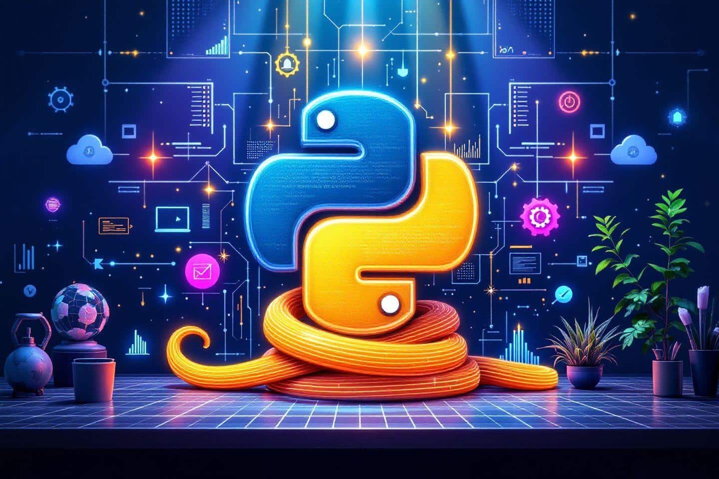 Logo Python stylisé sur fond de circuit électronique bleu