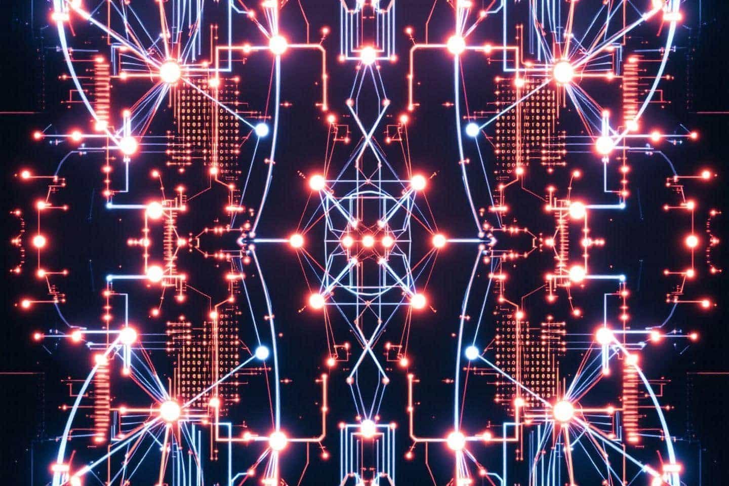Structure numérique symétrique avec connexions lumineuses rouges et bleues