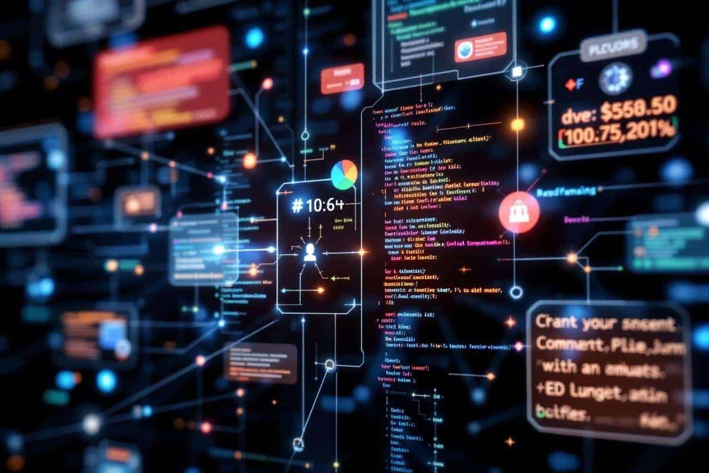 Interface virtuelle avec code, graphiques et connexions technologiques