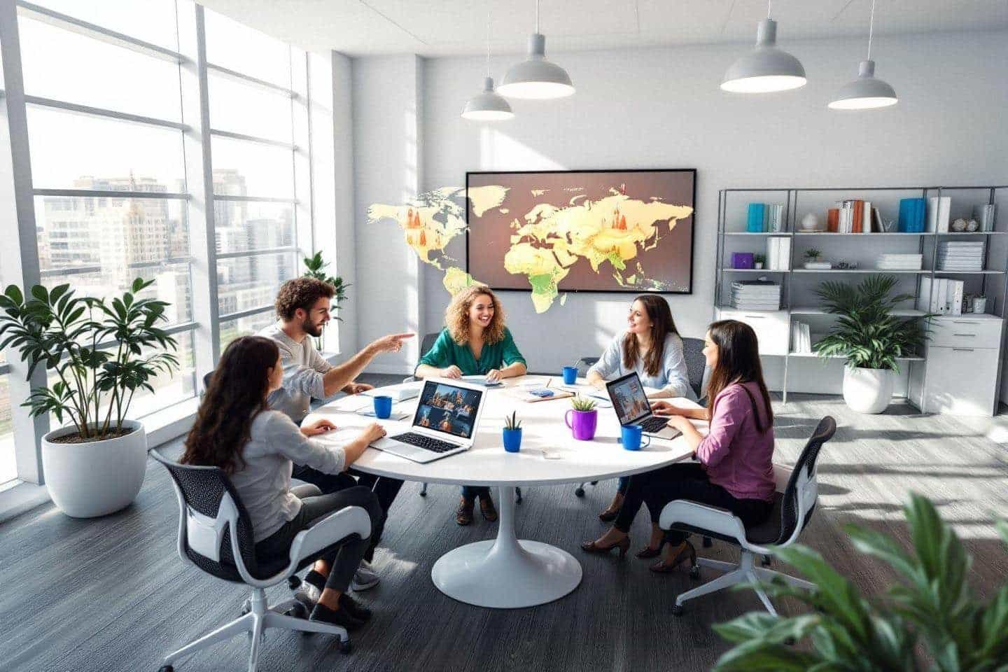 Équipe travaillant ensemble autour d'une table avec des ordinateurs portables