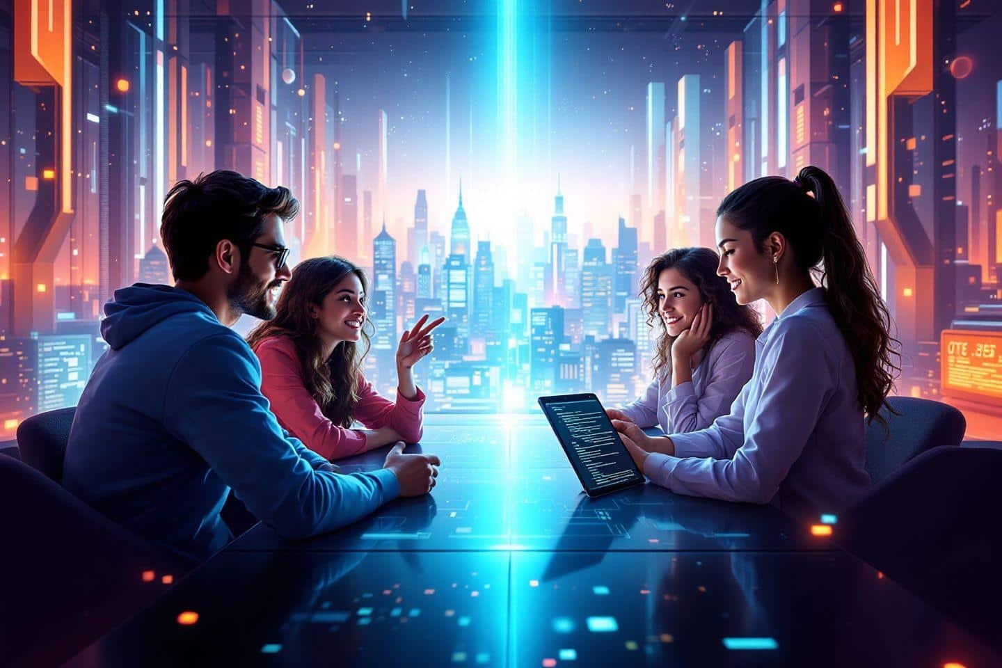 Équipe discutant autour d'une tablette dans un environnement high-tech