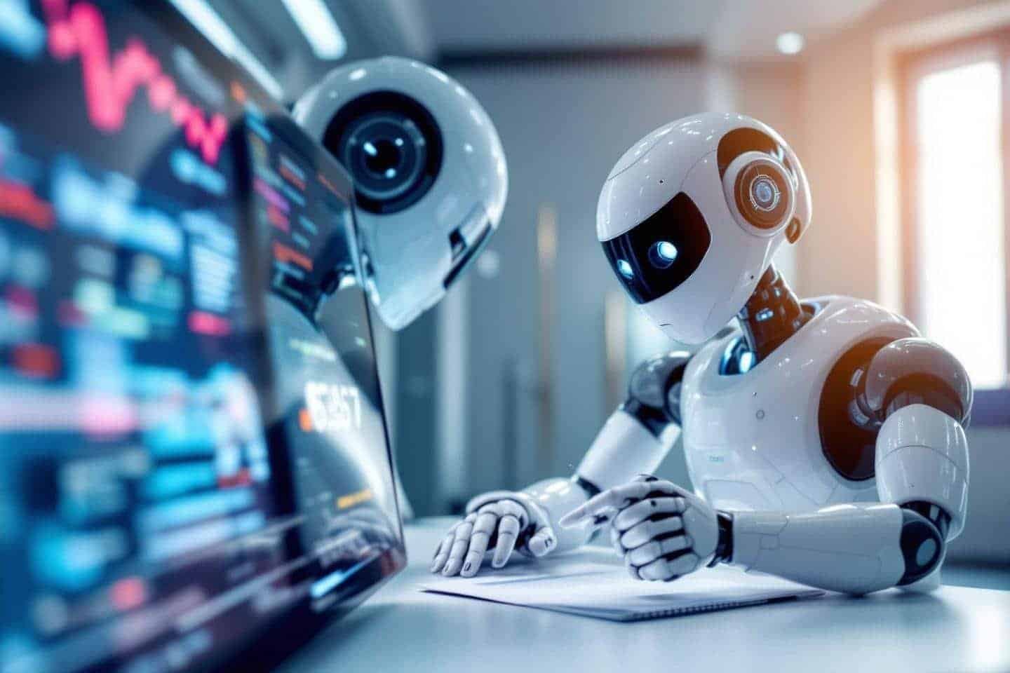 Robot blanc travaillant sur un écran de trading technologique