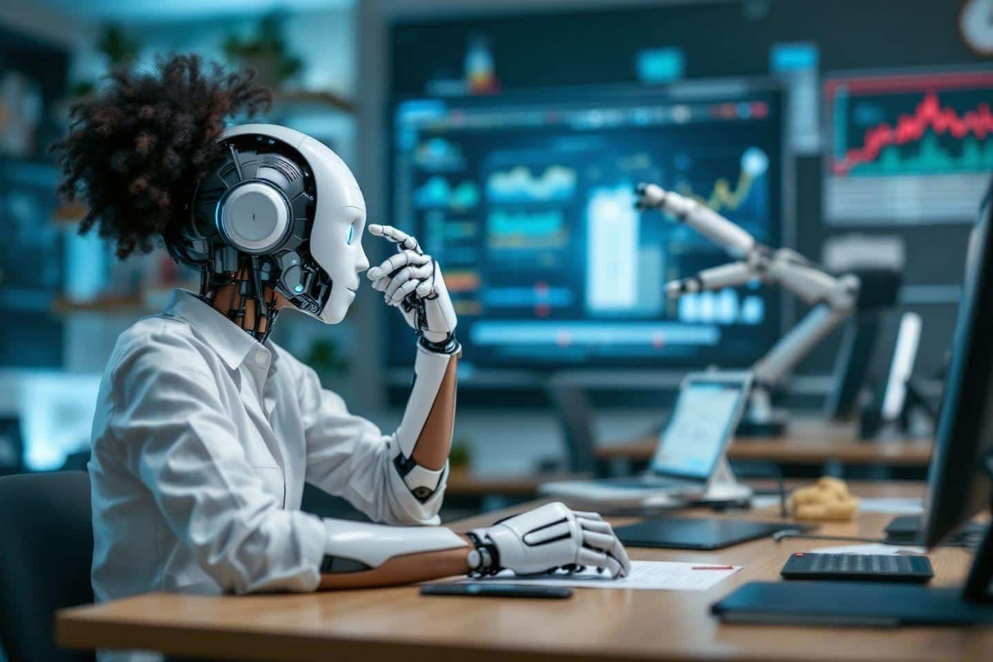 Robot avec casque travaillant sur ordinateur dans un environnement numérique