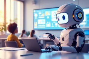 Robot éducatif assistant des élèves dans une salle informatique moderne