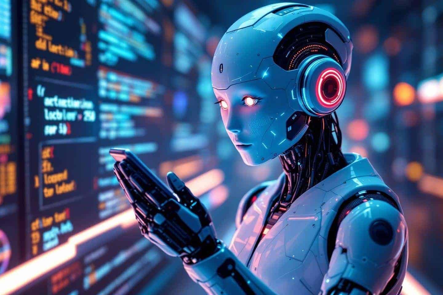 Robot cybernétique lumineux interagissant avec des écrans technologiques
