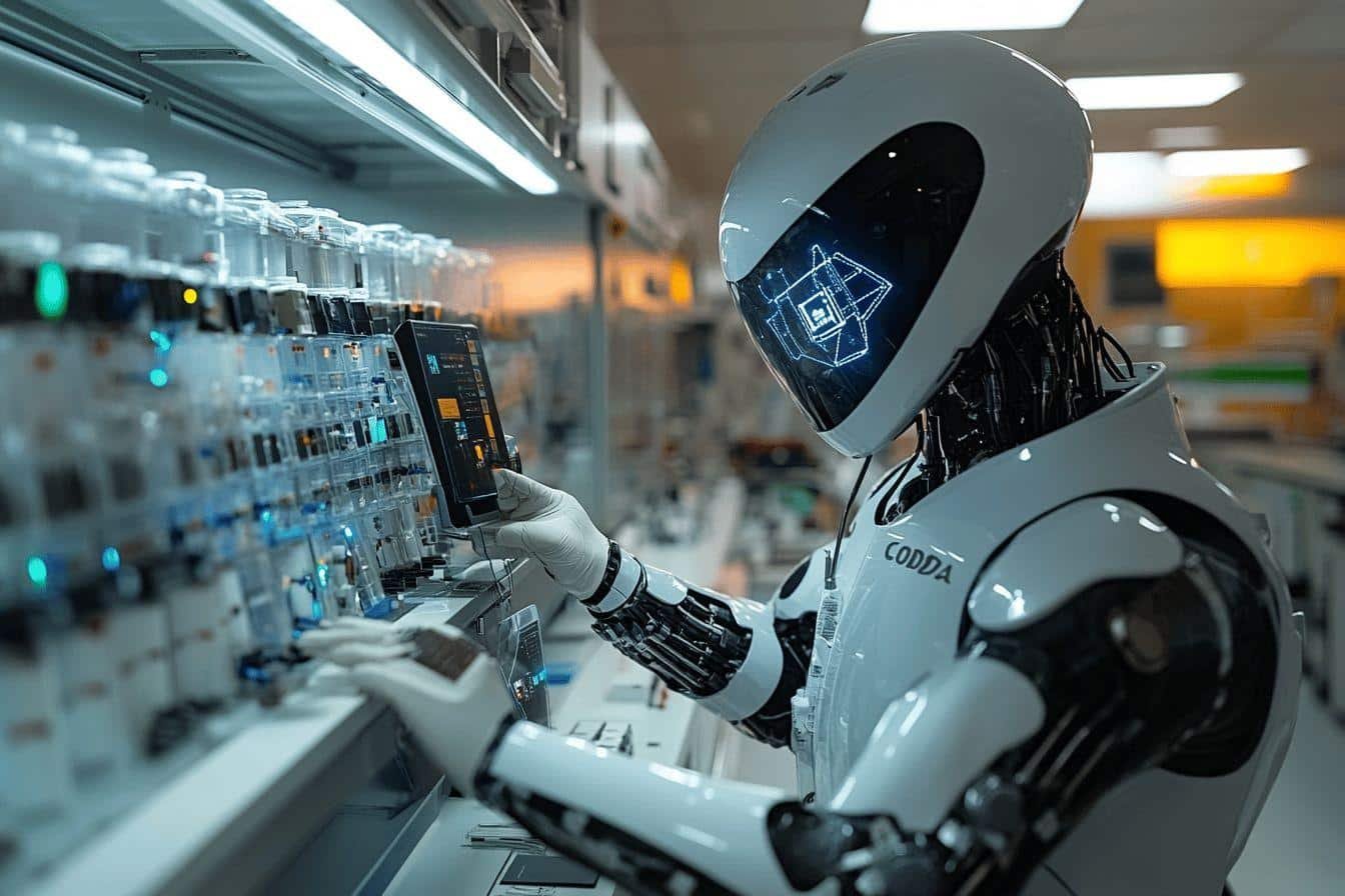 Robot blanc manipulant des écrans dans un laboratoire high-tech