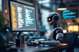 Robot blanc assis devant un ordinateur avec du code à l'écran