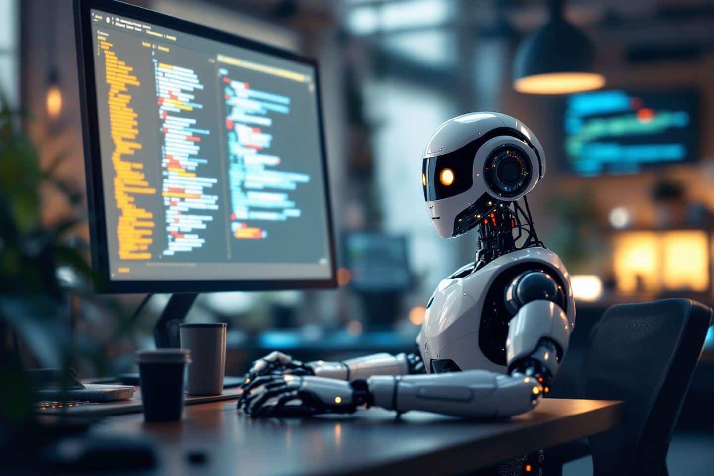 Robot blanc assis devant un ordinateur avec du code à l'écran