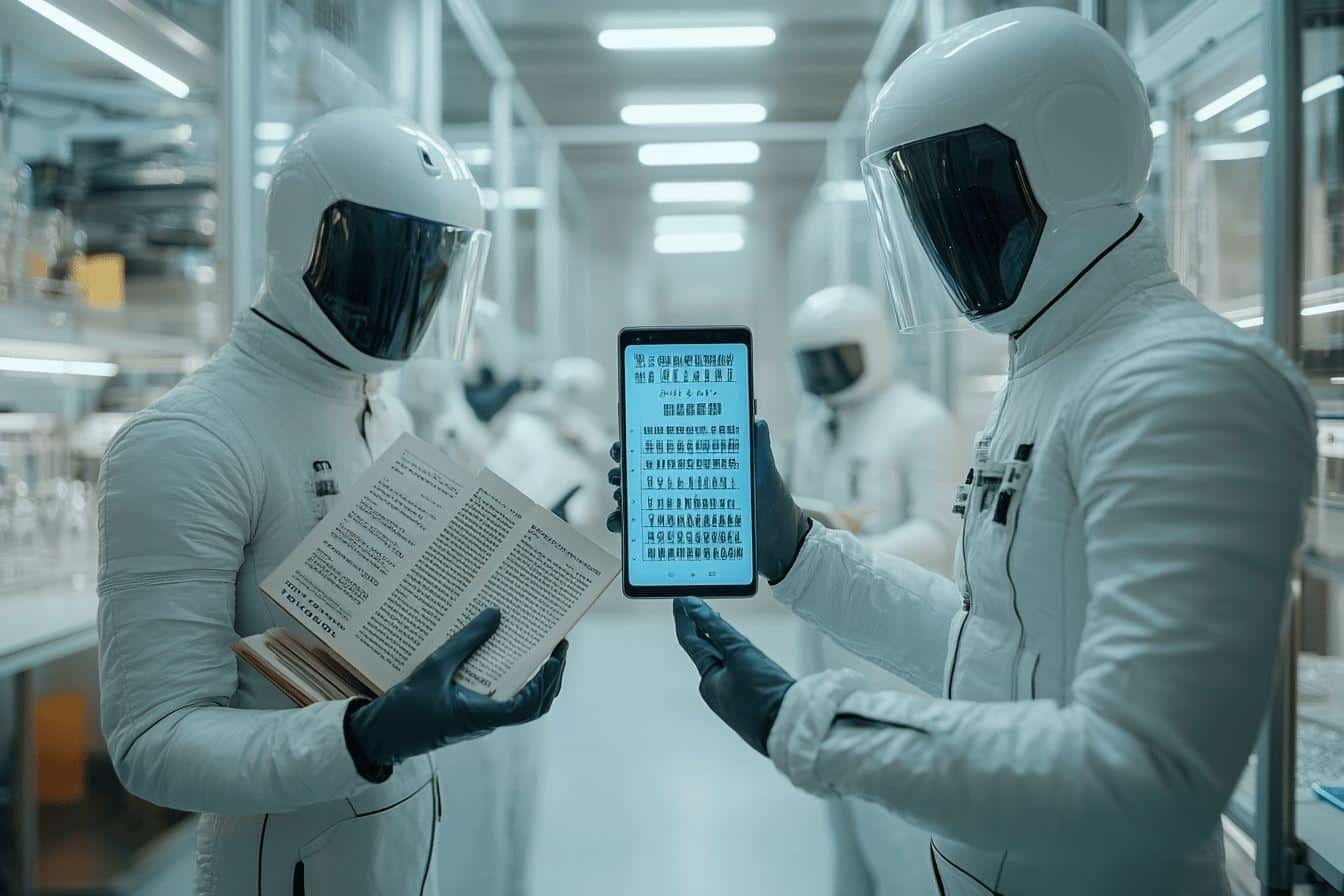 Deux robots blancs avec écran et livre dans un couloir high-tech