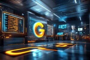 Espace numérique avec écrans, logo G et hologramme