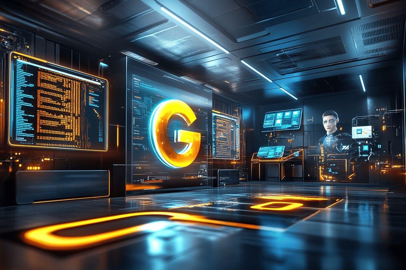 Espace numérique avec écrans, logo G et hologramme