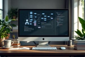 Écran iMac montrant un organigramme technique détaillé avec robot