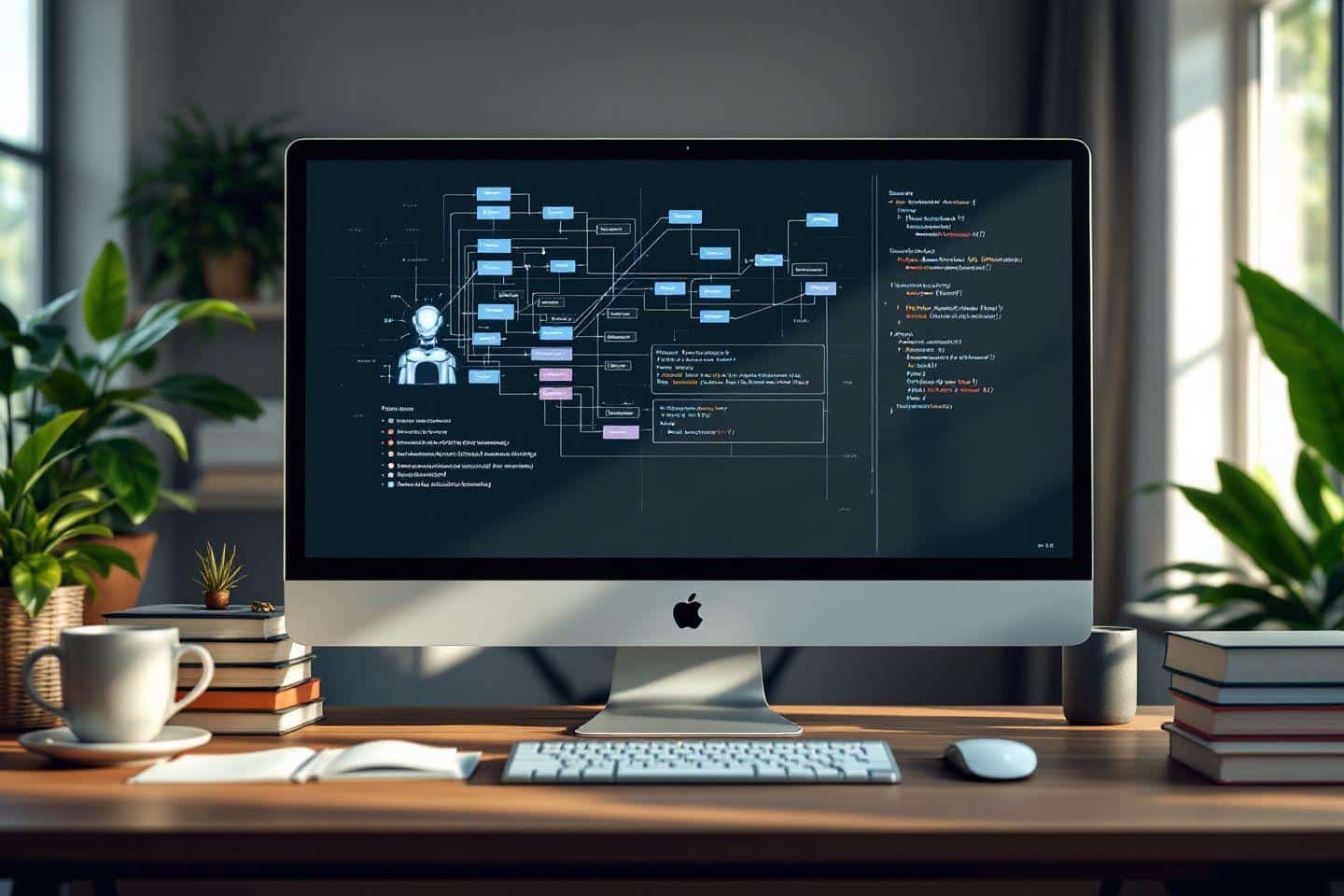 Écran iMac montrant un organigramme technique détaillé avec robot