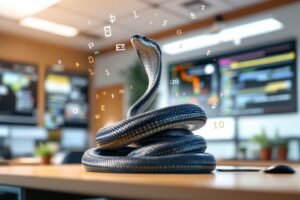 Cobra noir sur bureau avec chiffres et symboles mathématiques flottants