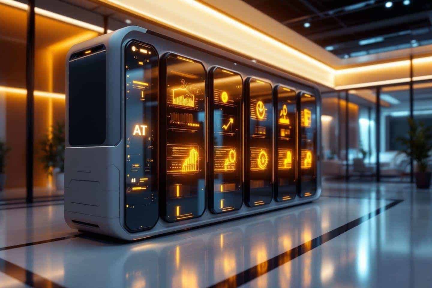 Rangée de serveurs informatiques avec écrans holographiques dorés