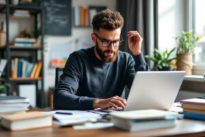 Homme concentré travaillant sur un ordinateur portable entouré de livres