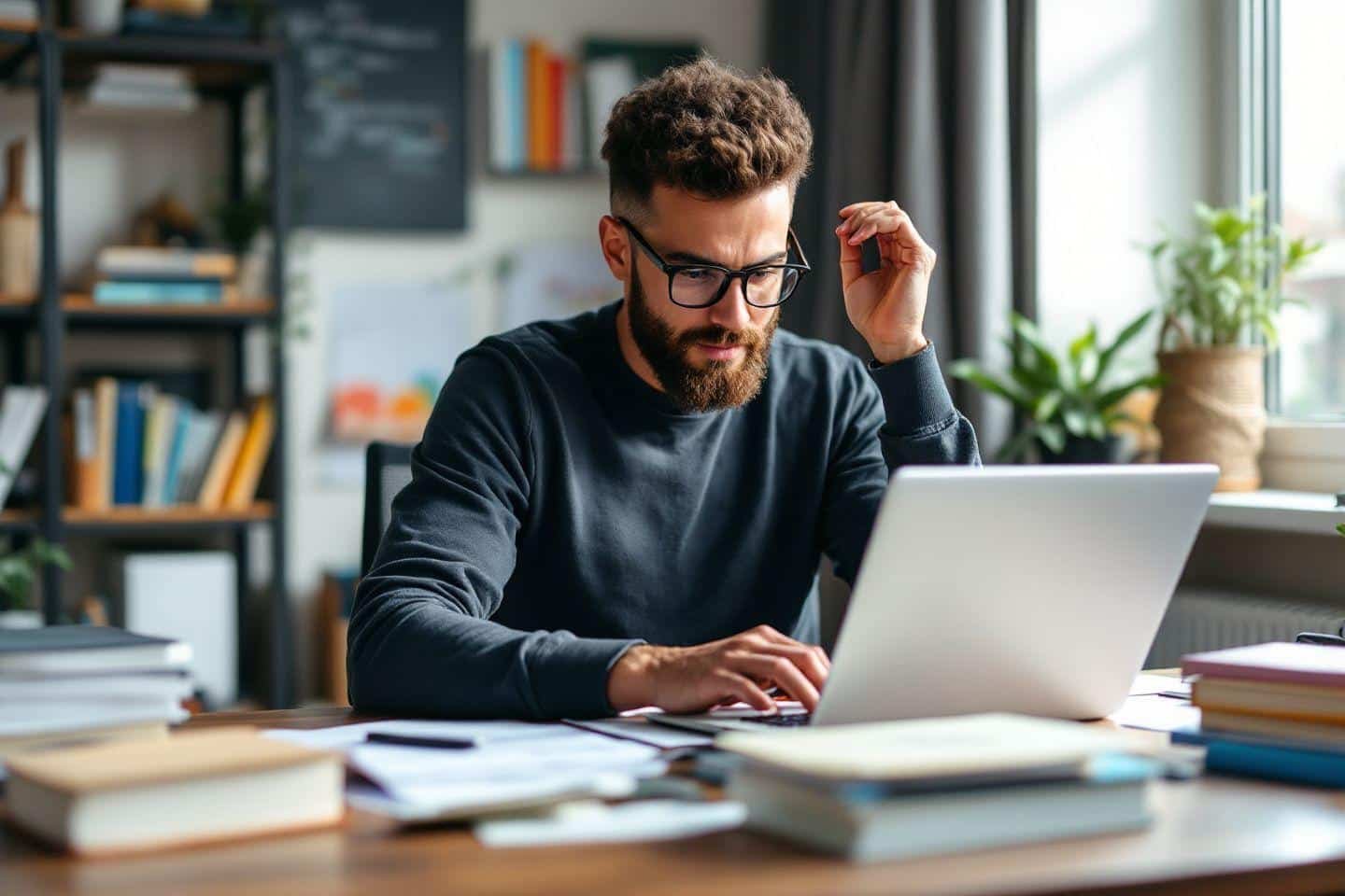 Homme concentré travaillant sur un ordinateur portable entouré de livres